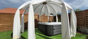 a bath tub in a yard with an umbrella at Paradiso Apartmanház in Gyula +71 photos
