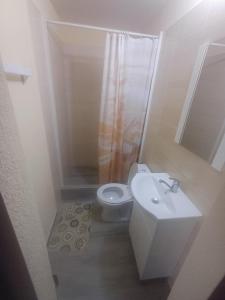 a small bathroom with a toilet and a sink at Teddy house in Corbu