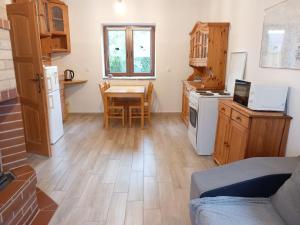 eine Küche mit einem Tisch, einem Kühlschrank und einem Tisch mit Stühlen in der Unterkunft Wichrowe Wzgórze in Dynów