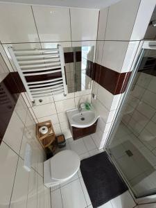 a small bathroom with a toilet and a sink at Apartamenty Dagma w Ustce in Ustka +11 photos