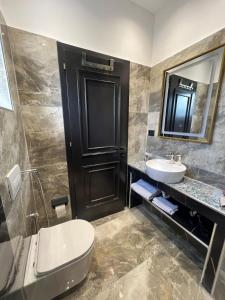 a bathroom with a toilet and a sink and a mirror at Ländliches Wohnen in Albanien in Petovë