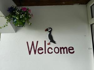 a welcome sign on a wall with a penguin on it at Puffin rooms in Lisdoonvarna