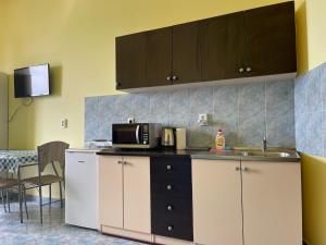 a kitchen with a sink and a microwave at Dejan apartment 3-Free parking near Arena in city center, near bus, train, ferry, airport shuttle in Pula
