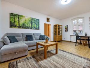 BuchholzFerienwohnung in der Mecklenburger Seenplatte的客厅里有一张沙发和一张桌子。