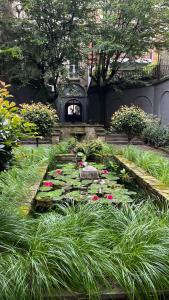 a garden with a pond with flowers and plants at Two bedroom flat - Hyper Center Brussels in Brussels