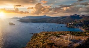 an aerial view of a bay with boats in the water at Sounio Poseidon Villa in Sounio +9 photos