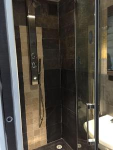 a shower with a glass door next to a sink at Appartement Cosy JO proche Paris mobilité travail in Deuil-la-Barre +9 photos