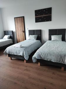 a bedroom with two beds and a door at Green House - Sienkiewicza 27 Uniejów in Uniejow