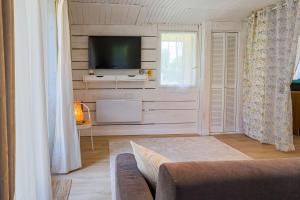 a living room with a tv and a couch at La parenthèse chambonnaise - chalet cosy, WIFI in Le Chambon-sur-Lignon