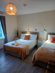 a hotel room with two beds and a chandelier at The Strand, Dugort Achill in Achill