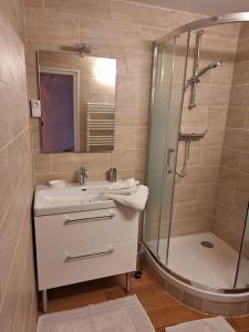een badkamer met een wastafel en een douche bij Ruelle maison ancienne in Saint-Romain