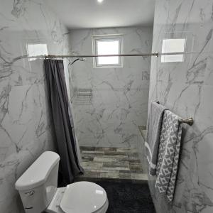 a white bathroom with a toilet and a shower at Latitude Adjustment in San Juan