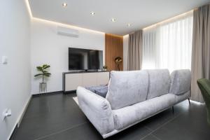 a living room with a couch and a television at Family friendly house with a swimming pool Bibinje, Zadar - 23364 in Bibinje