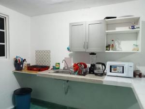 a kitchen counter with a sink and a microwave at Cozy House with Pool and AC Casa Armando in Cozumel +5 photos