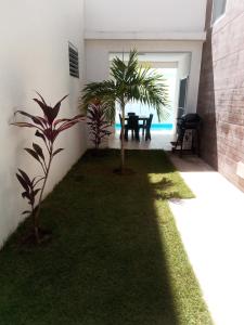 a garden with a table and palm trees in a room at Ocean Bliss in Sosúa