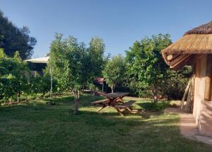 a picnic table in the grass next to a building at El Descanso en San Rafael in San Rafael