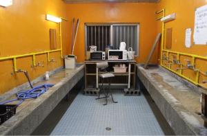 a bathroom with a yellow wall with a sink and a desk at やどバンブー in Hateruma