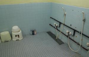 a bathroom with a toilet and a blue tiled wall at やどバンブー in Hateruma
