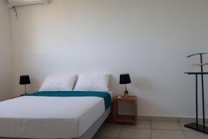 Postel nebo postele na pokoji v ubytování Joli T2 en bas de villa vue jardin et mer