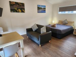 a living room with a bed and a couch and a table at Moree Tourist Park in Moree