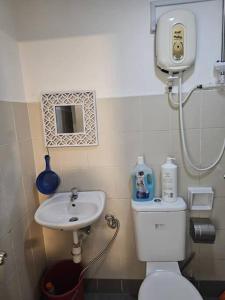 a small bathroom with a toilet and a sink at 5 Lot 10 Pangkor Leisure Beach Studio in Kampong Sungai Udang