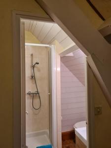 a bathroom with a shower in a attic at Great house- swimmingpool and jacuzzi -10km from Sarlat La Caneda in Vézac +46 photos
