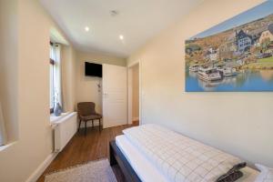 een slaapkamer met een bed en een schilderij aan de muur bij Alte Stadtvilla Weinberg 5 in Traben-Trarbach