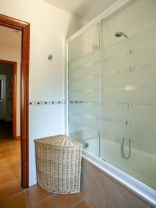 a glass shower in a bathroom with a basket at QUINTA do SOUTO BARCIADEMERA in Barciademera