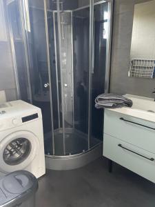 a bathroom with a shower and a washing machine at Plouha sur Mer in Plouha