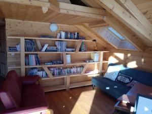un soggiorno con una libreria con libri di Chalet cadre montagne au pied des Ecrins a Saint-Martin-de-Queyrières