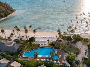 an aerial view of the beach and the resort at SAii Phi Phi Island Village in Phi Phi Islands
