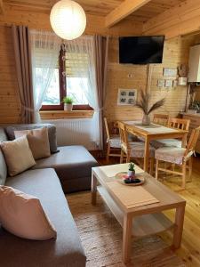 a living room with a couch and a table at Bajkowe Domki in Pobierowo