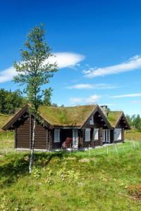 a log house with a grass roof with a tree at Cozy family cabin with stunning location on Golsfjellet in Golsfjellet