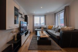 a living room with a couch and a tv at Hyggemate - 2 Bed Room Warm Stay in Sarnitsa in Sarnitsa
