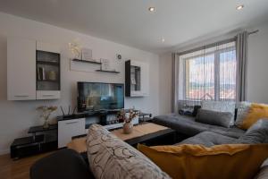 a living room with a couch and a tv at Hyggemate - 2 Bed Room Warm Stay in Sarnitsa in Sarnitsa