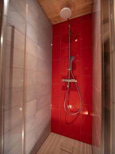 Un baño con ducha con pared roja. en Eco-lodges Lacanau Moutchic Inn - 4 pers, en Lacanau