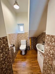 a bathroom with a toilet and a sink at Rožu namu apartamenti in Kuldīga +4 photos