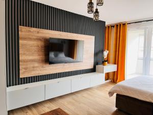1 dormitorio con TV grande en la pared en Drahan Apartment 35, en Radom
