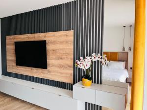 Un dormitorio con una pared de rayas blancas y negras. en Drahan Apartment 35, en Radom