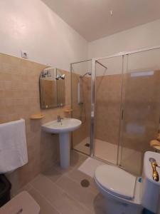 a bathroom with a shower and a toilet and a sink at Apartamento Lago Pereira in Muxia