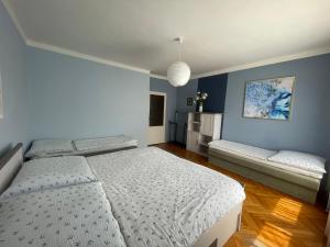 a bedroom with two beds and a blue wall at apartman pro 4 osoby in Česká Skalice