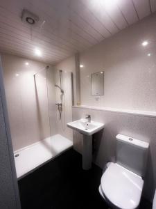 a bathroom with a toilet and a shower and a sink at Park Hotel in Falkirk