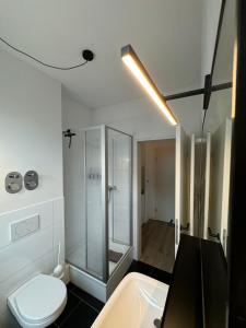 a bathroom with a toilet and a shower and a sink at Apartmenthaus Buxtehude St -Petri-Platz Apt 2 in Buxtehude