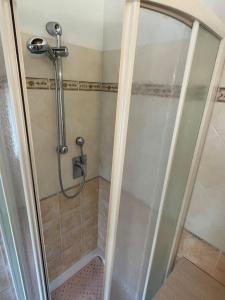 a shower with a glass door in a bathroom at Casa in montagna per vacanze in tranquillità in Fagge +8 photos