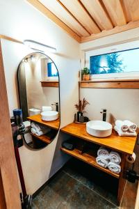 a bathroom with a mirror and a sink at Hercogi in Ābeļi