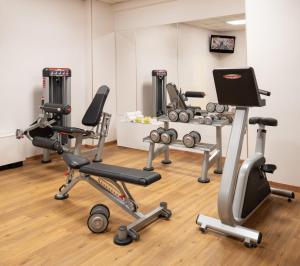 a gym with several exercise bikes and weights at Starhotels Cristallo Palace in Bergamo