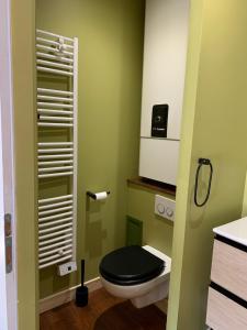 a green bathroom with a toilet with a black seat at Chambre du Cotentin in Créances