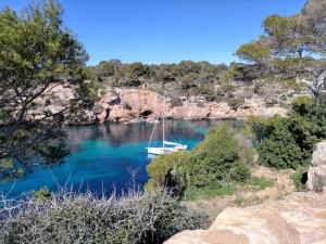 a boat in a body of water with trees and rocks at Apartamento Mar & Pins in Llucmajor +10 photos