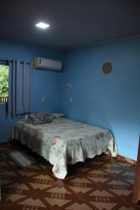 ItaquatiaraにあるSitio completo no rio aneba com quiosque e praiaの青い壁のベッドルーム1室