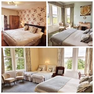 three pictures of a bedroom with two beds and windows at Dunns Houses Farmhouse B&B in Otterburn